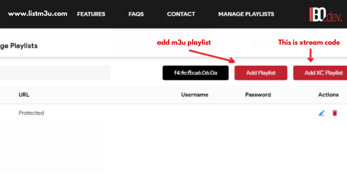 IBO Player manage playlists page with Add Playlist button